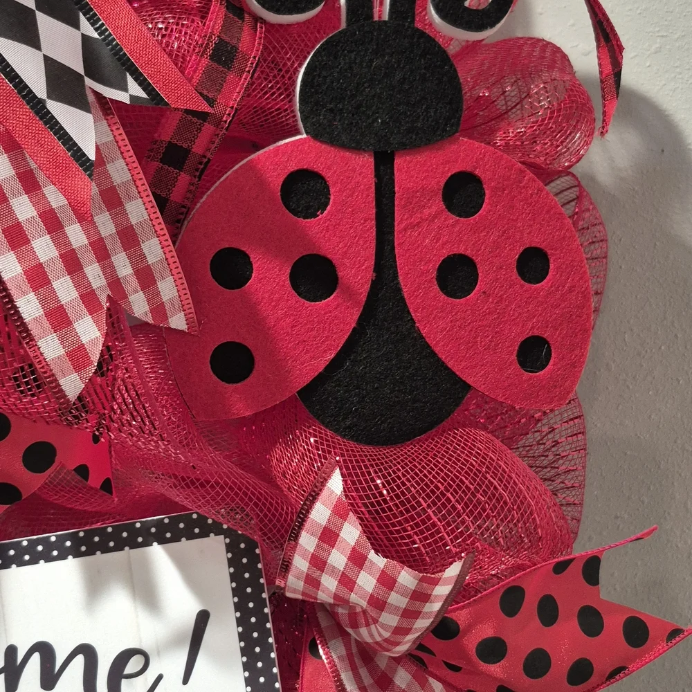 Wreath Welcome Ladybug love bug car black red polkadots buffalo checker Summer